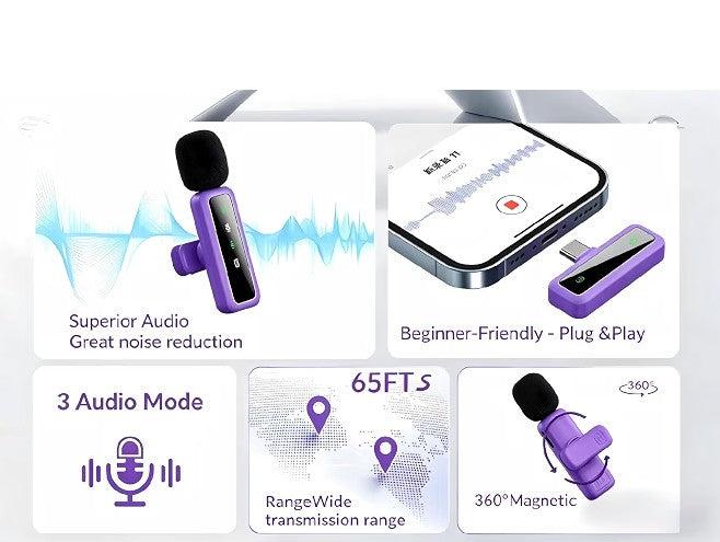 Wireless Mini Microphone for iPhone - 2 Pack Bluetooth Microphone for Video Vlog Live Streaming Recording, 2 In 1 Noise Reduction Lapel Mic for I pad, Android, Clip-on.