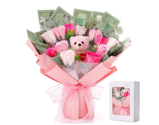 Money Flower Graduation Bouquet Decorations with LED Lights & Bear DIY Centerpieces for Weddings Birthdays Mother's Day Graduation Parties Table Decorations