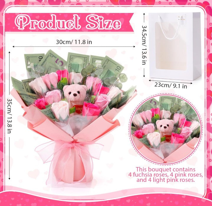 Money Flower Graduation Bouquet Decorations with LED Lights & Bear DIY Centerpieces for Weddings Birthdays Mother's Day Graduation Parties Table Decorations