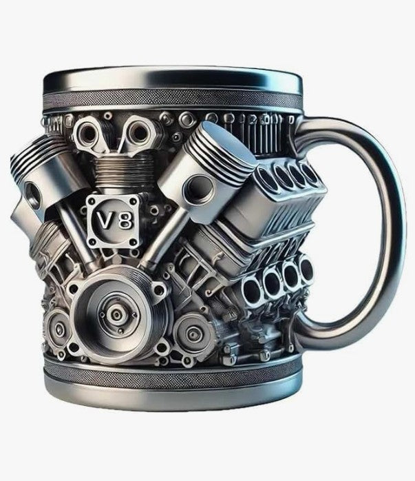Unique V8 Engine Tools Tires Spark Plug Diesel Fuel Designed Coffee Tea Mug for Car Enthusiasts, 3D Metal Mechanical Design, Stainless Steel, Novelty Gift for Mechanics and Car Truck Fans