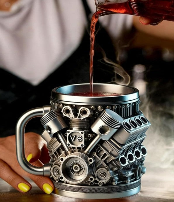 Unique V8 Engine Tools Tires Spark Plug Diesel Fuel Designed Coffee Tea Mug for Car Enthusiasts, 3D Metal Mechanical Design, Stainless Steel, Novelty Gift for Mechanics and Car Truck Fans