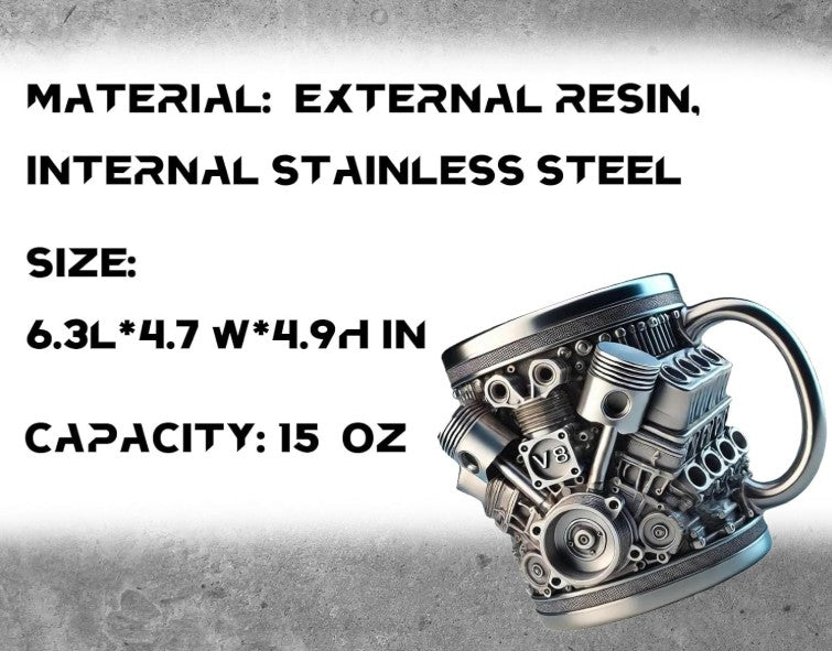 Unique V8 Engine Tools Tires Spark Plug Diesel Fuel Designed Coffee Tea Mug for Car Enthusiasts, 3D Metal Mechanical Design, Stainless Steel, Novelty Gift for Mechanics and Car Truck Fans