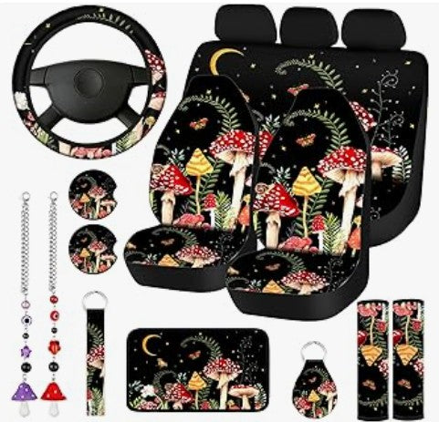 6 -24 Pack Leather Universal Pink Mushroom Black Bling Red Rose Orange Multicolor Front Back Auto Seat Waterproof Protectors Covers Sets with Matching Interior Accessories