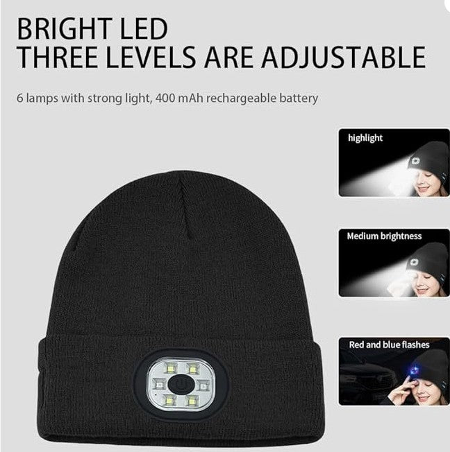 LED Lighted Bluetooth Beanie Hat, USB Rechargeable 4 LED Wireless Music Running Headlamp Cap for Men Women and Kids