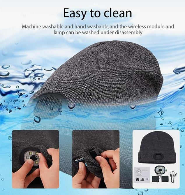 LED Lighted Bluetooth Beanie Hat, USB Rechargeable 4 LED Wireless Music Running Headlamp Cap for Men Women and Kids