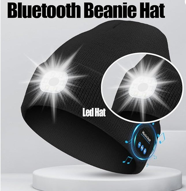 LED Lighted Bluetooth Beanie Hat, USB Rechargeable 4 LED Wireless Music Running Headlamp Cap for Men Women and Kids