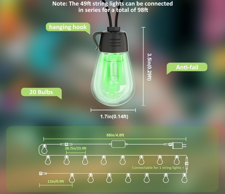 Color Changing Outdoor Shatterproof Waterproof Sync to Music Patio String Lights with Remote & APP