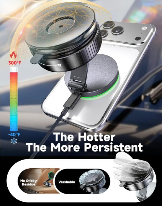 Vacuum Suction Magnetic Magsafe Car Mount Charger for iPhone 18 Pro Max, Magnetic Wireless Car Charger, Suction Phone Mount, Vacuum Magnetic Phone Holder and Charger with Mag Strip