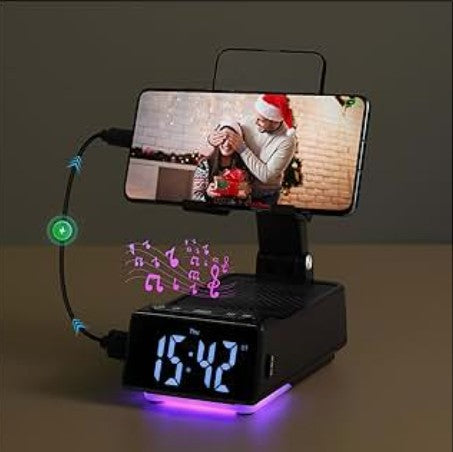 Cute Cell Phone Holder Stand Alarm Clock Bluetooth Music Speaker for Desk, iPhone Mount for Office Tablet Accessories Gifts Desktop Decor, Support Your Cellphone for Men Women Boys Girls
