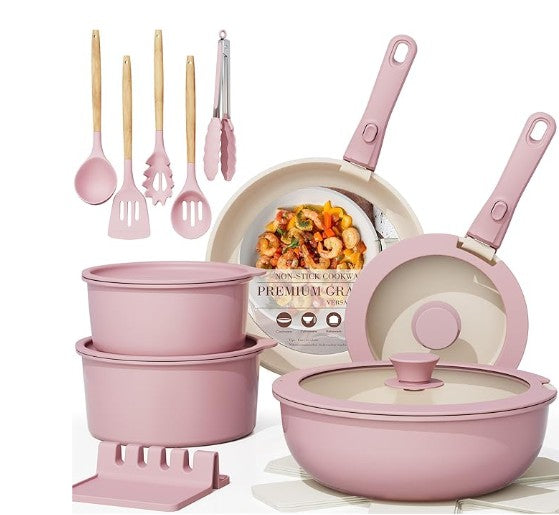 8-21 Piece Multi Color Orange Red Purple Blue Pink White Black Non-Stick Kitchen Cookware Pots and Pans Sets