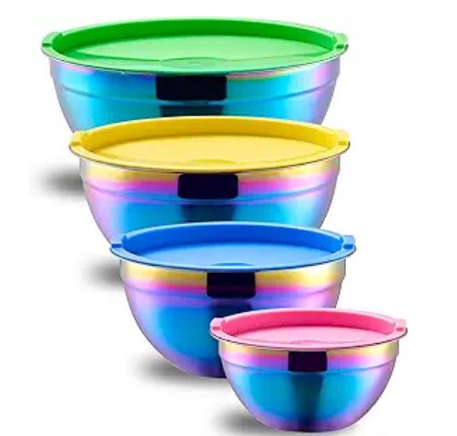 8-piece Rainbow Iridescent Metal Stainless Steel Mixing Baking and Cooking Bowls with Color Lids