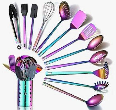 Rainbow Iridescent Gold Silver Titanium Stainless Steel Grill Cooking Heat Resistant Kitchen Utensils Sets