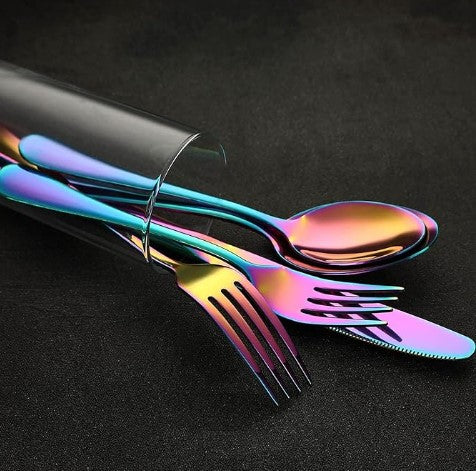 Stainless Steel Rainbow Iridescent Gold Silver Dinner Plates Tableware Cookware with Matching Utensils