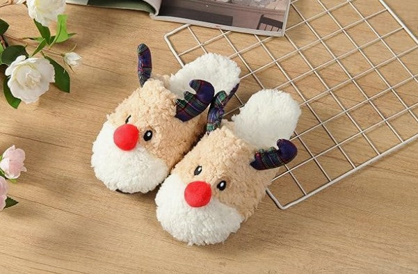 Cute Soft Plush Fur Non-Slip Cartoon Red and Green Christmas Reindeer Grinch House Slip on Slippers for Men and Women Kids