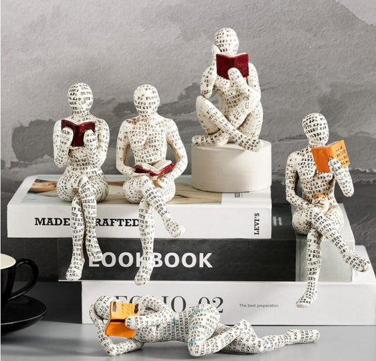 3 Pcs Reading Women Modern Abstract Thinker Gold Ceramic Graffiti Figurine Statue for Bookshelf Bookends Room Table Shelf Home Room Decor