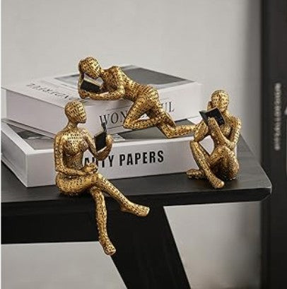 3 Pcs Reading Women Modern Abstract Thinker Gold Ceramic Graffiti Figurine Statue for Bookshelf Bookends Room Table Shelf Home Room Decor