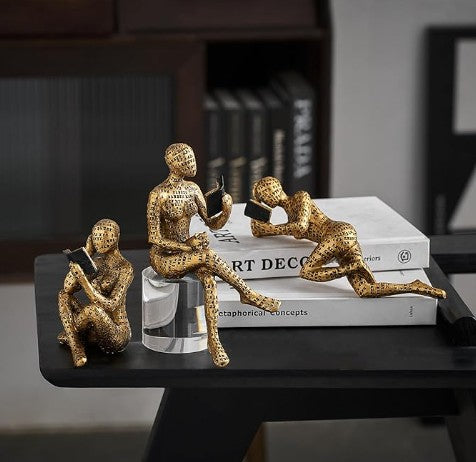 3 Pcs Reading Women Modern Abstract Thinker Gold Ceramic Graffiti Figurine Statue for Bookshelf Bookends Room Table Shelf Home Room Decor