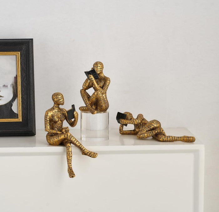 3 Pcs Reading Women Modern Abstract Thinker Gold Ceramic Graffiti Figurine Statue for Bookshelf Bookends Room Table Shelf Home Room Decor