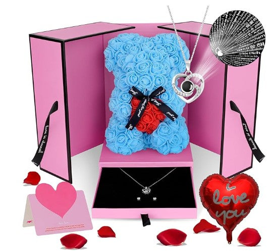 Unique Handmade Floral Color Rose Bears with Jewlry Heart Pendent Necklace Pouch Card Balloon and Lights for Mother's Day Valentines Day Lover Friend Wife Gift Set