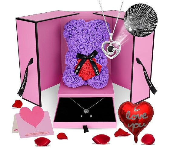 Unique Handmade Floral Color Rose Bears with Jewlry Heart Pendent Necklace Pouch Card Balloon and Lights for Mother's Day Valentines Day Lover Friend Wife Gift Set