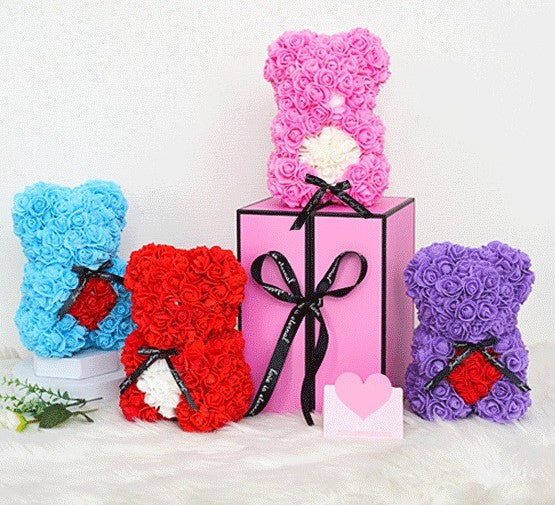 Unique Handmade Floral Color Rose Bears with Jewlry Heart Pendent Necklace Pouch Card Balloon and Lights for Mother's Day Valentines Day Lover Friend Wife Gift Set