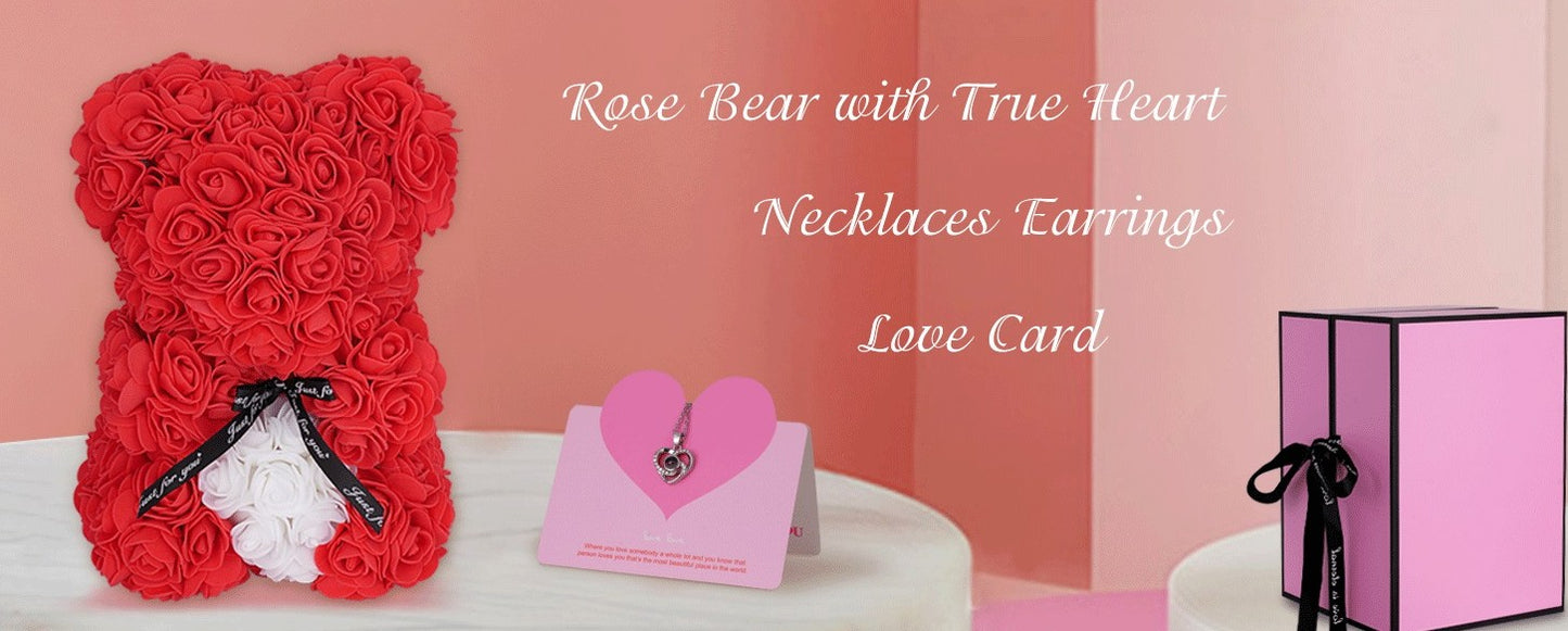 Unique Handmade Floral Color Rose Bears with Jewlry Heart Pendent Necklace Pouch Card Balloon and Lights for Mother's Day Valentines Day Lover Friend Wife Gift Set