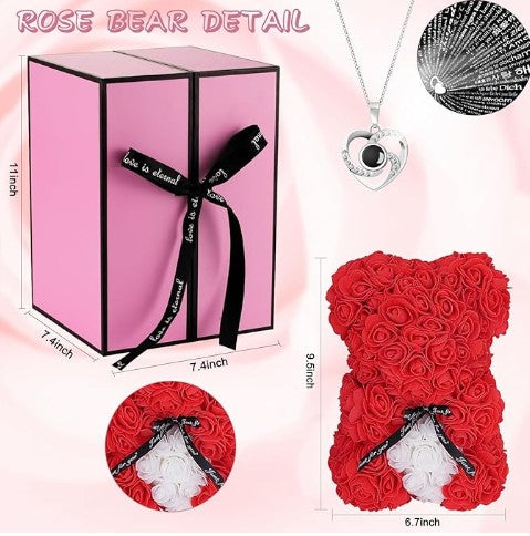 Unique Handmade Floral Color Rose Bears with Jewlry Heart Pendent Necklace Pouch Card Balloon and Lights for Mother's Day Valentines Day Lover Friend Wife Gift Set