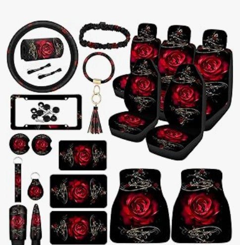6 -24 Pack Leather Universal Pink Mushroom Black Bling Red Rose Orange Multicolor Front Back Auto Seat Waterproof Protectors Covers Sets with Matching Interior Accessories
