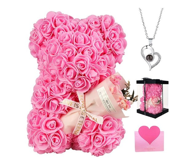 Unique Handmade Floral Color Flower Rose Bears with Jewelry Heart Pendent Necklace Pouch Car Lights for Graduation Mother's Day Anniversary Birthday Lover Friend Wife Gift Set
