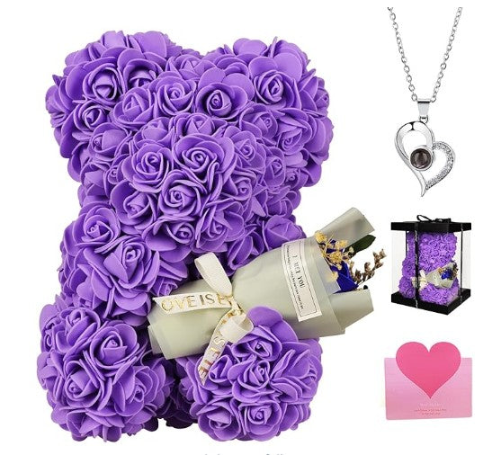 Unique Handmade Floral Color Flower Rose Bears with Jewelry Heart Pendent Necklace Pouch Car Lights for Graduation Mother's Day Anniversary Birthday Lover Friend Wife Gift Set