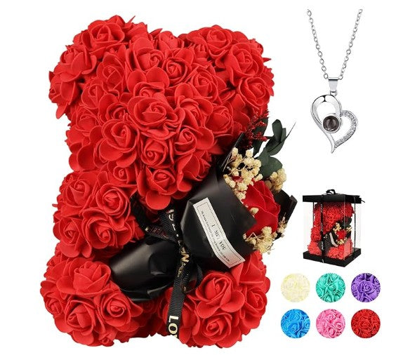 Unique Handmade Floral Color Flower Rose Bears with Jewelry Heart Pendent Necklace Pouch Car Lights for Graduation Mother's Day Anniversary Birthday Lover Friend Wife Gift Set