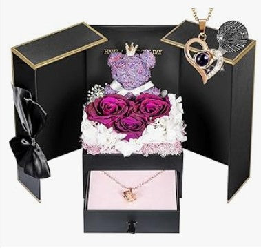 Unique Handmade Floral Color Flower Rose Bears with Jewelry Heart Pendent Necklace Pouch Car Lights for Graduation Mother's Day Anniversary Birthday Lover Friend Wife Gift Set