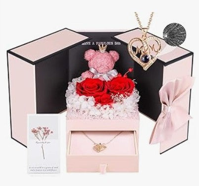 Unique Handmade Floral Color Flower Rose Bears with Jewelry Heart Pendent Necklace Pouch Car Lights for Graduation Mother's Day Anniversary Birthday Lover Friend Wife Gift Set