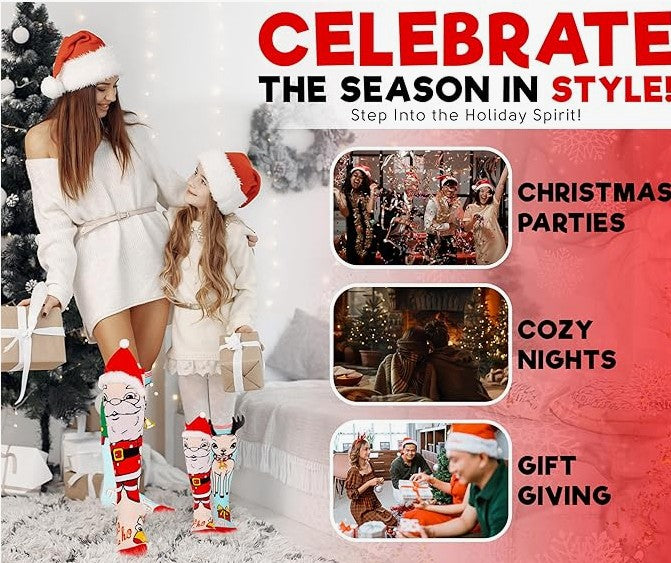 Fun Christmas Knee High Novelty Socks with Santa Snowman for Kids Adults Men Women