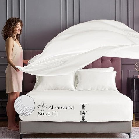 Satin Sheets King - 4 Pieces Luxury Soft Black Silky Bed Sheets Set with Pillowcases - Smooth Silk-Like Satin Fabric, Reinforced 14 Inches Pocket