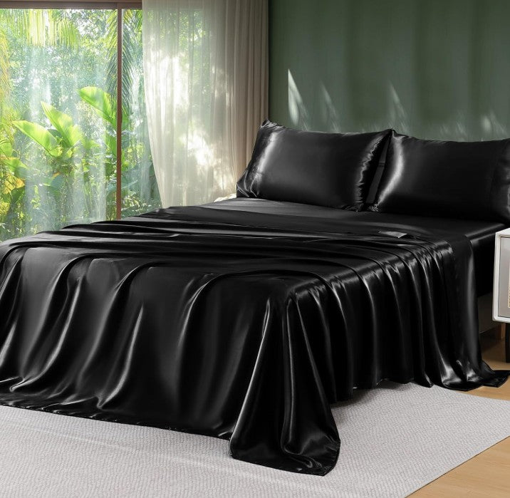 Satin Sheets King - 4 Pieces Luxury Soft Black Silky Bed Sheets Set with Pillowcases - Smooth Silk-Like Satin Fabric, Reinforced 14 Inches Pocket