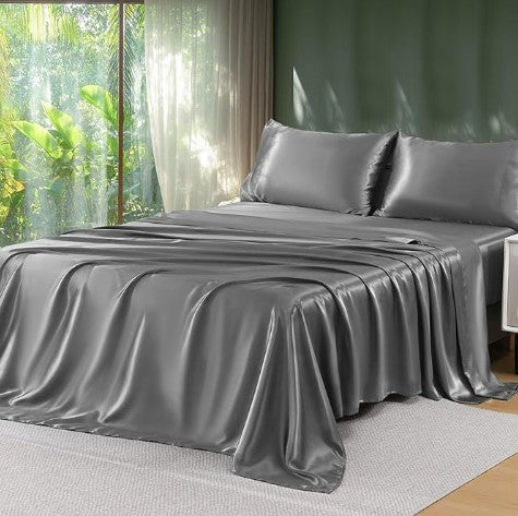 Satin Sheets King - 4 Pieces Luxury Soft Black Silky Bed Sheets Set with Pillowcases - Smooth Silk-Like Satin Fabric, Reinforced 14 Inches Pocket