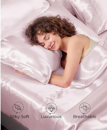 Satin Sheets King - 4 Pieces Luxury Soft Black Silky Bed Sheets Set with Pillowcases - Smooth Silk-Like Satin Fabric, Reinforced 14 Inches Pocket
