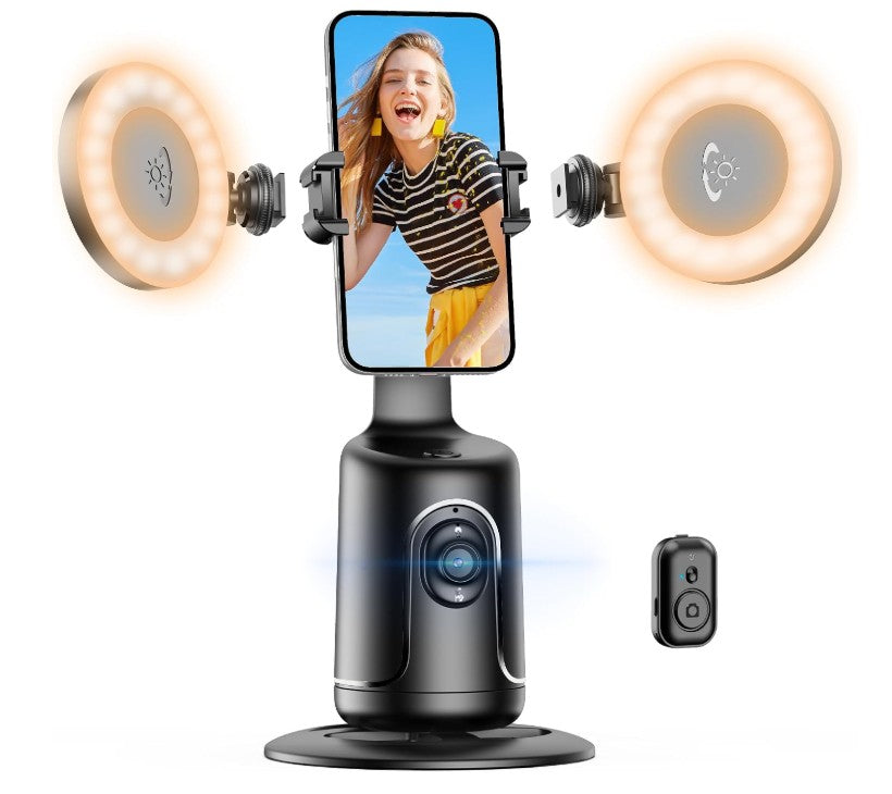 Portable All-in-one Smart Auto Face Tracking Selfie Stick 360 Rotation Fast Face & Object Tripod Body Tracking Cameraman Robot Mount for Phone Video Vlog Live Streaming with Ring Lights