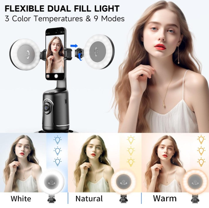 Portable All-in-one Smart Auto Face Tracking Selfie Stick 360 Rotation Fast Face & Object Tripod Body Tracking Cameraman Robot Mount for Phone Video Vlog Live Streaming with Ring Lights