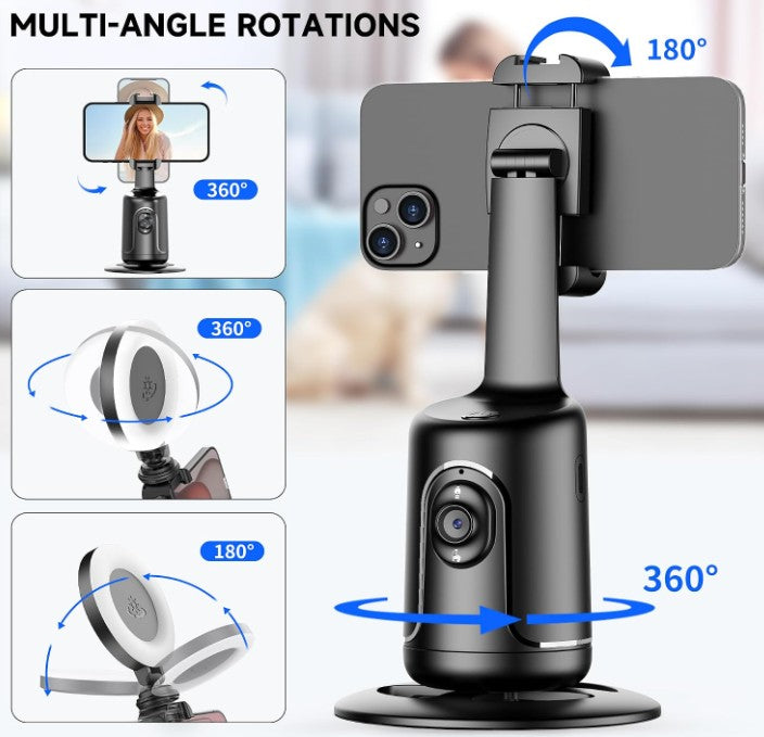 Portable All-in-one Smart Auto Face Tracking Selfie Stick 360 Rotation Fast Face & Object Tripod Body Tracking Cameraman Robot Mount for Phone Video Vlog Live Streaming with Ring Lights