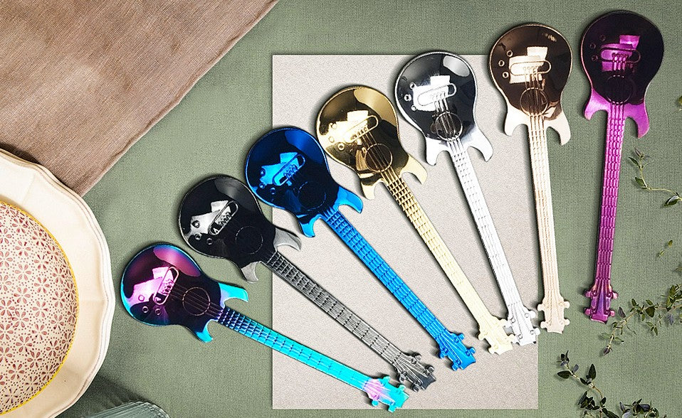 Stainless Steel Rainbow Gold Silver Multicolor Guitar and Plain Design Coffee Tea Soup Spoons