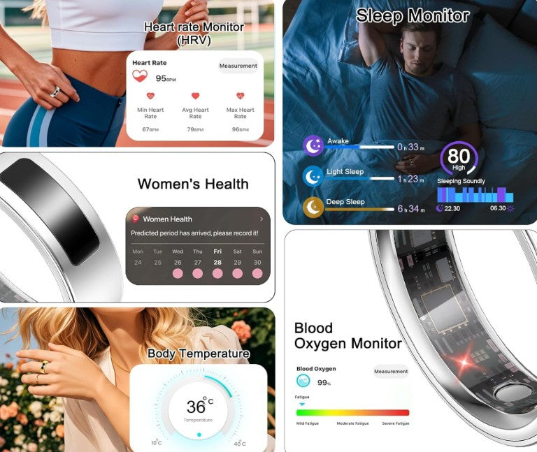 Smart Health Ring for Women Men, Vibration Alert, Touch Control, Fitness Tracker Ring with Sleep/Women's Health/Heart Rate/Steps, IP68 Waterproof for iPhone and Android,
