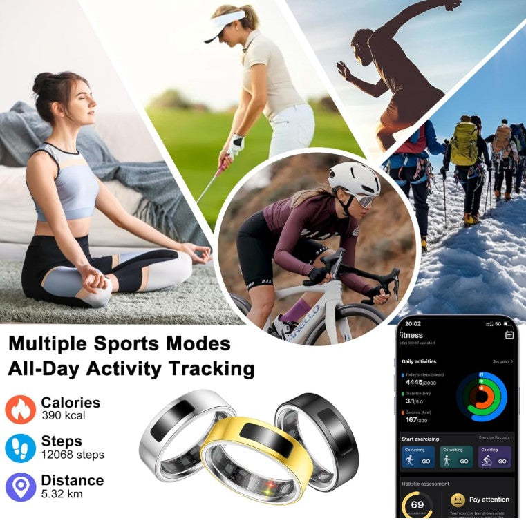 Smart Health Ring for Women Men, Vibration Alert, Touch Control, Fitness Tracker Ring with Sleep/Women's Health/Heart Rate/Steps, IP68 Waterproof for iPhone and Android,