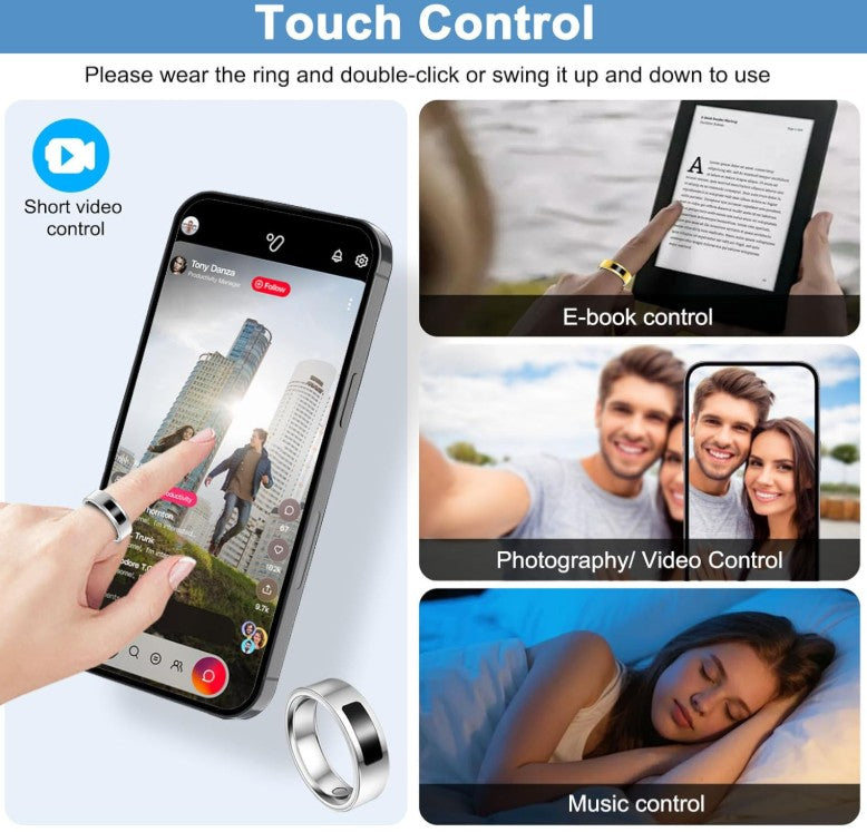 Smart Health Ring for Women Men, Vibration Alert, Touch Control, Fitness Tracker Ring with Sleep/Women's Health/Heart Rate/Steps, IP68 Waterproof for iPhone and Android,