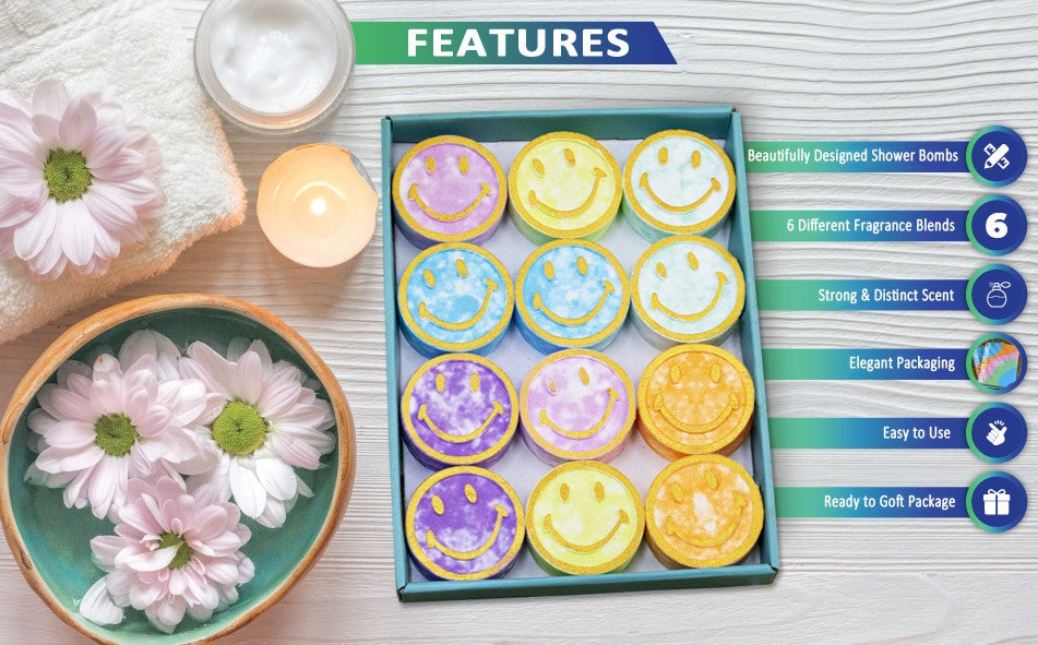 12 Pcs Smiley Face Scented Aromatherapy Shower Bath Bombs Steamer with Essential Oils for Body Restore and Stress Relief