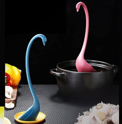 Swan Shaped Soup Ladle Kitchen Spoon White Black Pink Blue Design with Resting Holder