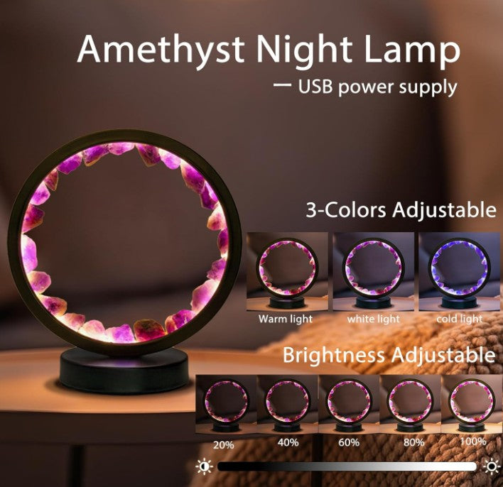 Amethyst Night Lamp 8.6'' Natural Healing Crystal Bedside USB Port 3 Colors Dimming Mode Bedroom Suitable Light for Living Room Office Home Decor