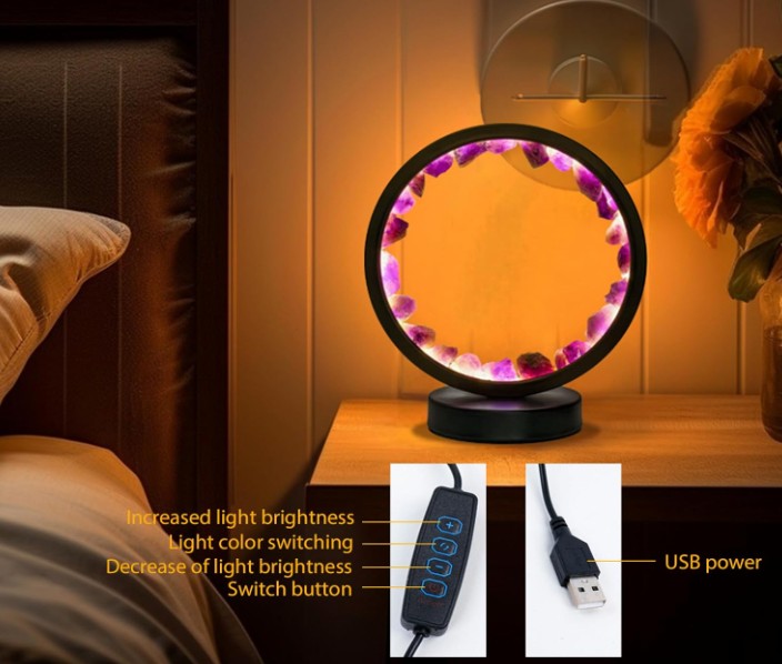 Amethyst Night Lamp 8.6'' Natural Healing Crystal Bedside USB Port 3 Colors Dimming Mode Bedroom Suitable Light for Living Room Office Home Decor
