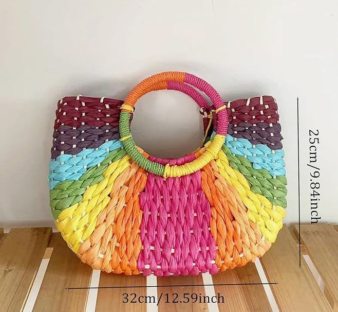 Woven Bag Colorful Straw Tote Handbag Large Rattan Purse Summer Beach Pool Bags for Women Men Unisex